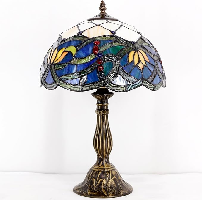 WERFACTORY Tiffany Table Lamp Stained Glass Bedside Lamp Blue Lotus Desk Reading Light 12X12X18 Inches Decor Bedroom Living Room Home Office S220 Series