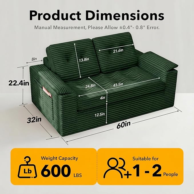 60in Loveseat Sofa, Boneless Cloud Couch Sofa for Living Room 2 Seater Modern Lounge Sleeper Couch with Removable Cover Corduroy with Armrest, Seat Cushion & Pillows for Small Spaces, Green