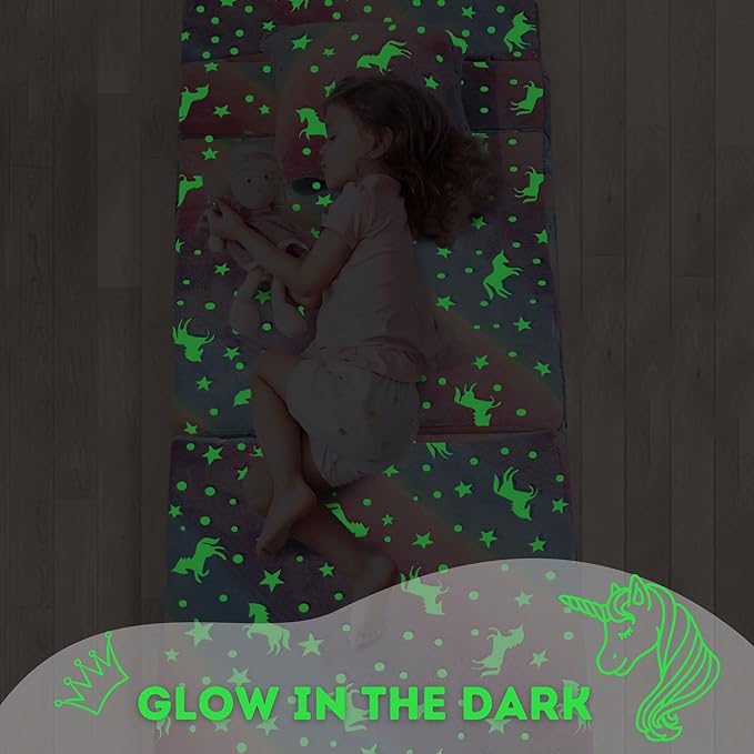MeMoreCool Glow Rainbow Unicorn Tri-fold Sofa Bed for Kids, Foldable Futon Mattress, Chair, and Floor Couch for Playroom