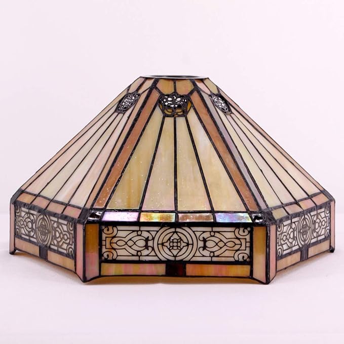 WERFACTORY Tiffany Lamp Shade Replacement 12X10X6 Inch Yellow Hexagon Stained Glass Mission Lampshade Only 1-5/8-Inch Fitter Opening for Arched Floor Lamp-Torchiere Lamp-Pendant Light S011 Series