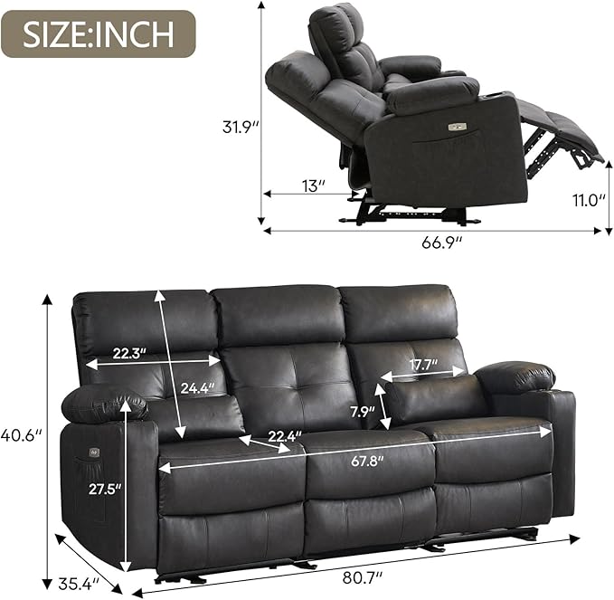 Power Reclining Sofa with Heat and Massage, Electric Reclining Couch with Extended Footrest, Wall Hugger Recliner Sofa 3 Seater with USB Ports & Cup Holders for Living Room, Bedroom