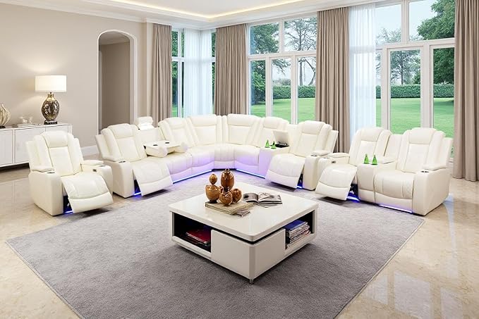 Leather Power Recliner Sectional Sofa Set with LED Light,L Shaped Leather Sectional Set with 5 Recliner Seats,Modular Sofa and Loveseat with USB Port for Living Room Furniture