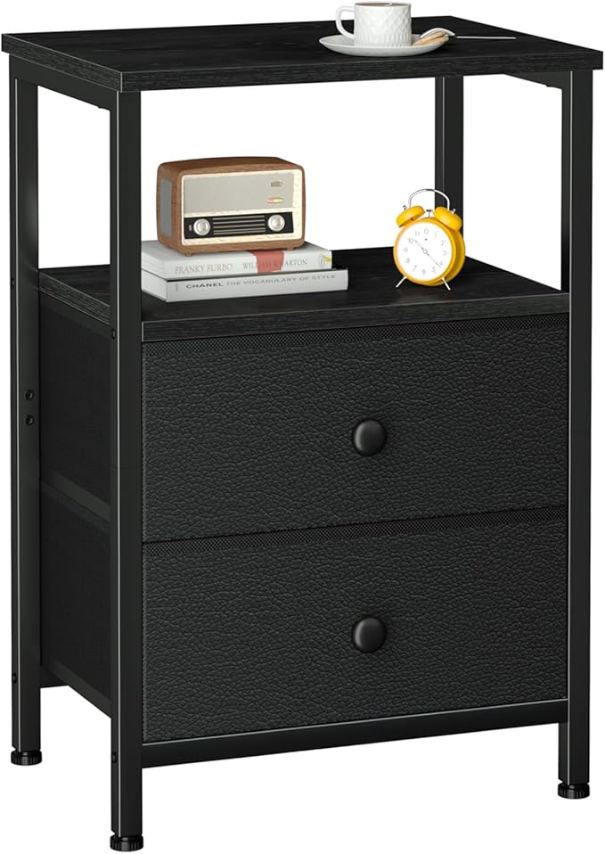 Night Stand for Bedroom, Nightstand with 2 Fabric Drawers, Small Bed Side Table Table with Open Storage Shelf for Living Room, Black, HETS002BK-1