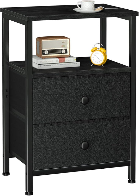 Night Stand for Bedroom, Nightstand with 2 Fabric Drawers, Small Bed Side Table Table with Open Storage Shelf for Living Room, Black, HETS002BK-1