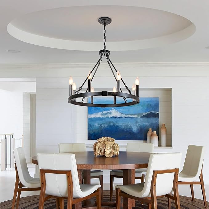 8 Light Wagon Wheel Chandelier, 23.6" Rustic Farmhouse Chandelier, Industrial Vintage Round Pendant Lighting for Dining Room Kitchen Living Room Foyer, E12 Socket