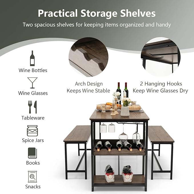 COSTWAY 3-Piece Dining Table Set for 4, Rustic Pub Dining Table with 2 Benches, 2 Storage Shelves and Glass Holder, Breakfast Kitchen Table and Chairs Set for Small Space Kitchen Restaurant Bar