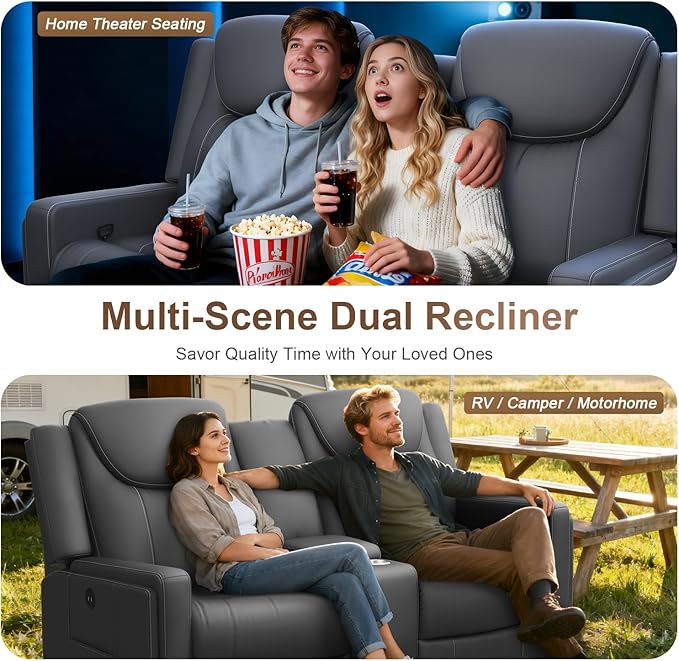 Dresegmt Loveseat Recliner Sofa, Gray PU Leather Double Recliner Loveseat with Console, Cup Holders, Storage & USB Ports, Ergonomics， Manual Reclining Sofa Couch for Living Room, RV
