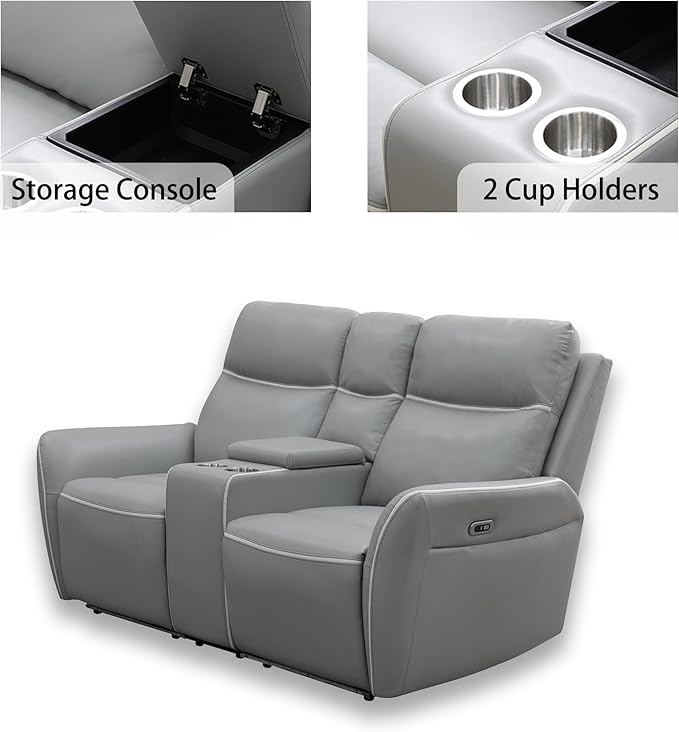 Power Reclining Loveseat for Living Room, Air Leather Recliner Couch with Storage Console, Cup Holders, LED Lighting&USB Charging Port for Home Theater RV (Light Grey)