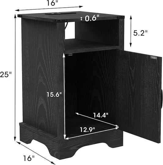 RoyalCraft Nightstand Set of 2, Black End Table with Charging Station, Wooden End Table, Rustic Night Stand with Storage Cabinet and Shelf, Tall Bedside Table for Bedroom, Home Office, Black