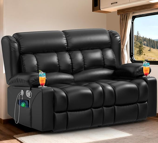 RV Loveseat Recliner Sofa, Reclining Loveseat Wall Hugger Recliners with USB Ports, Cup Holders, Insert Pockets, Home Theater Seating for Movie Room, Recline Movie Seats Gaming Sofa, Black