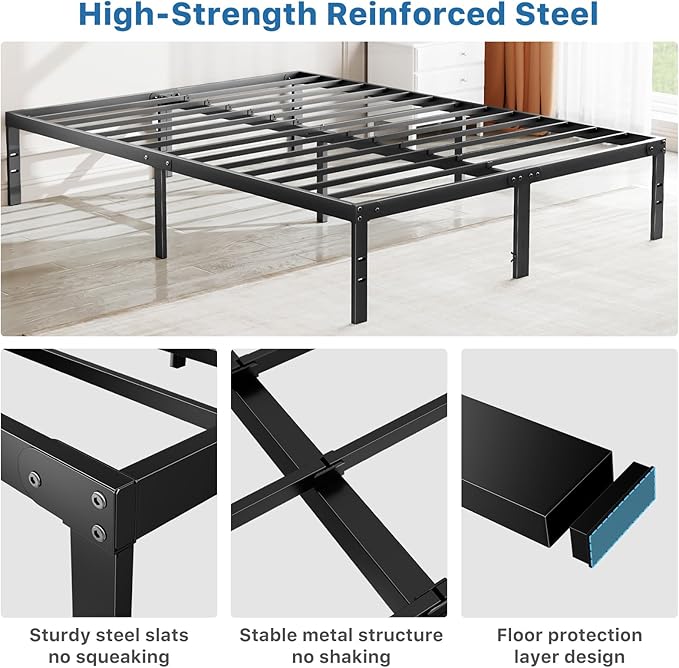 OLIXIS Metal King Bed Frame - 14in High with Storage Space, No Box Spring Needed with Sturdy Steel Slat Support, 2200LBS Heavy Duty for Easy Assembly, Black for Bedroom