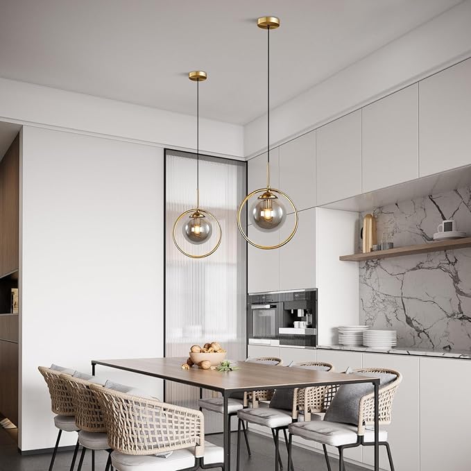 BOKT Mid Century Modern Large Globe Pendant Light Fixture Smoke Grey Glass Pendant Lighting Vintage Gold Circle Round Pendant Hanging Lights Minimalist Single Bathroom Lighting