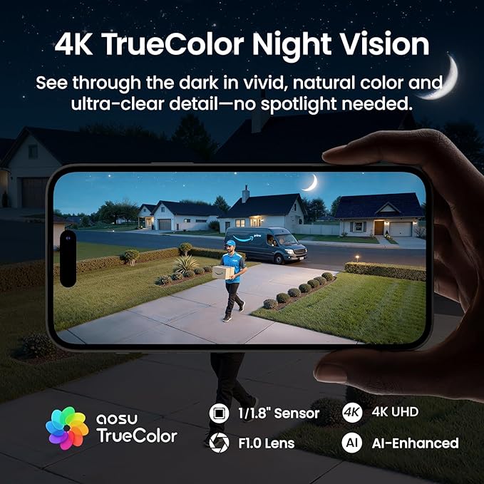 aosu T2 Ultra 4K Security Cameras Wireless Outdoor, 4 Cam Kit, Smart Home Security System with TrueColor Night Vision, AI Recognition & 360° Motion Tracking, Solar Power, Expandable 1TB Local Storage