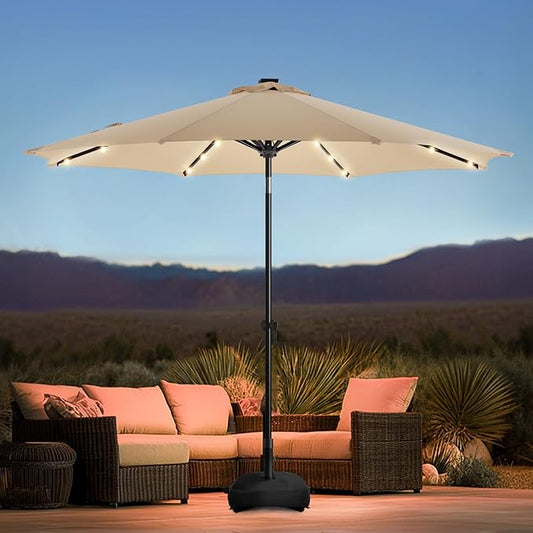 wikiwiki 9FT Solar Led Patio Umbrella with Base Included, 32 LED Lights, 8 Sturdy Ribs, Fade Resistant Waterproof POLYESTER DTY Canopy for Garden, Lawn, Deck, Backyard & Pool, Beige