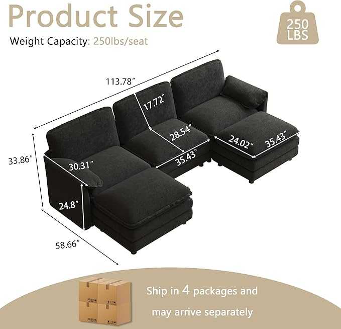 114" U Shaped Cloud Couch Sectionals Comfy Black Sectional Couches for Living Room Modern Oversized Modular Sofas with Ottoman, Fluffy Chenille Large Big 5 Seat Sofa Set