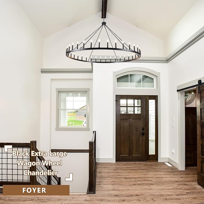 Black Extra Large Wagon Wheel Chandelier, 60 inch 36 Lights Farmhouse Chandelier, Industrial Candle Round Pendant Light Fixture for High Ceiling Living Room Dining Room Outdoor Porch Entryway Hallway