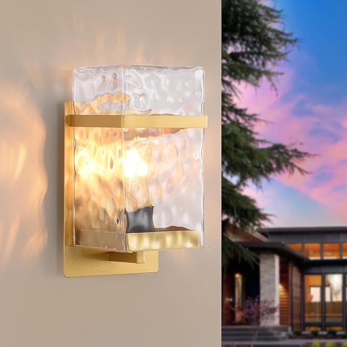 Outdoor Wall Light,Gold Exterior Waterproof Lanterns,Porch Sconces Wall Mounted Lighting with E26 Sockets & Glass Shades, for Garage,Doorway,Patio,Front Door