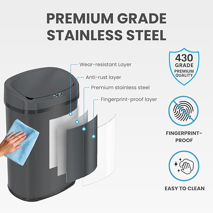 SensorCan 13 Gallon Automatic Sensor Trash Can with Lid, AC Adapter Included, AbsorbX Odor Control, Gunmetal Gray Stainless Steel Kitchen Garbage Bin, Fingerprint-Proof, Hands-Free Operation, Oval