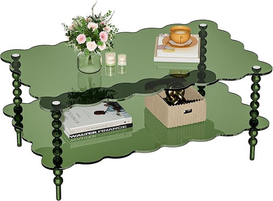 Acrylic Coffee Table, 2-Tier Living Room Table with Storage, Center Table Mid-Modern Century for Living Room, Easy to Assemble (Green, 37.8“×23.6“×15.7”)