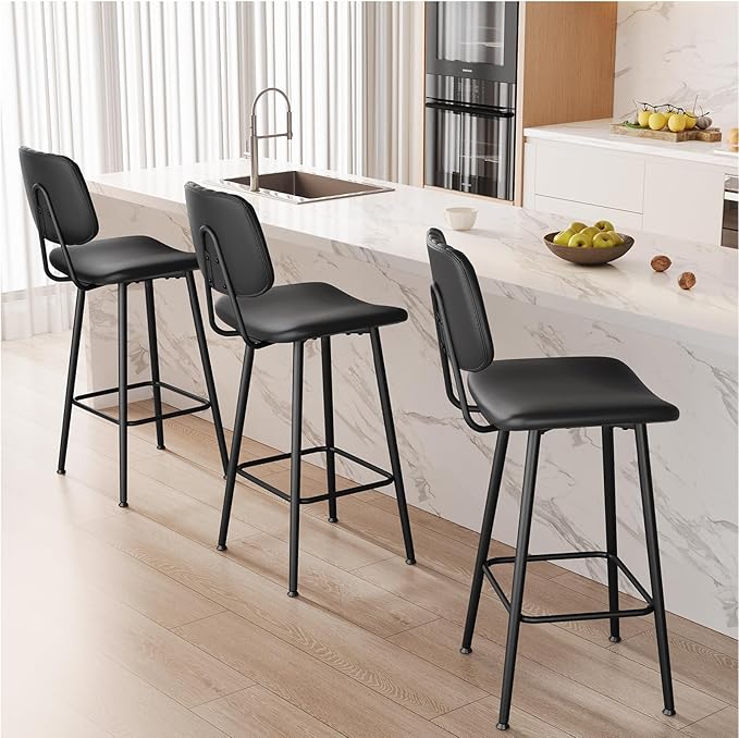29-Inch Leather Bar Stools Set of 2, Counter Height Barstools with High Backrest，Bar Chairs for Kitchen Island with Heavy Duty Metal Legs, Black