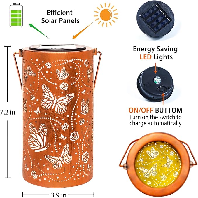 Butterfly Solar Lanterns Outdoor Waterproof Hanging Solar Lights Butterfly Gifts for Women Men Metal Decorative LED Lanterns for Garden Decor,Yard,Patio,Lawn,Tabletop,Pathway