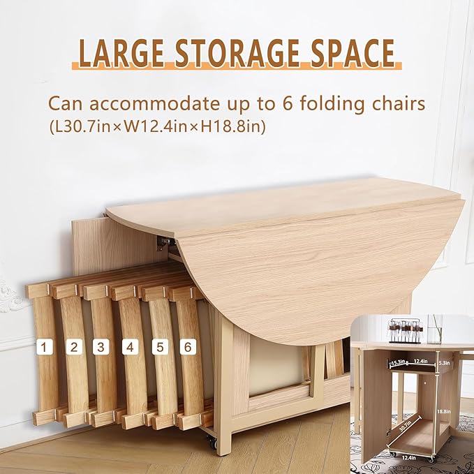 Wood Round Folding Dining Table with 4 Chairs, 47.3" Folding Table and Chairs with Storage Shelf Metal Legs for Home Dining Room Living Room, Space Saving Foldable Dining Table with 4 Chairs