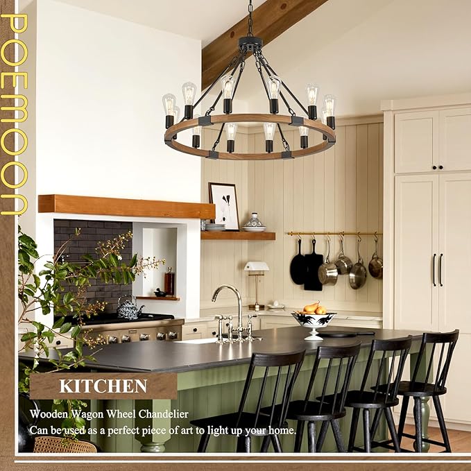 12 Lights Wooden Wagon Wheel Chandeliers Farmhouse 31.5'' Oak Wood Round Chandelier Black Metal Rustic Pendant Light Fixture for Living Dining Room Entryway Foyer Kitchen