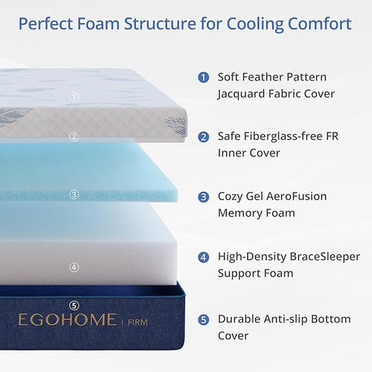 EGOHOME Firm Full Size Mattress 10 Inch Memory Foam Mattresses Bed in a Box with Gel Foam and Removeable Fiberglass Free Cover for Cool Sleep and Back Pain Relief, CertiPUR-US Certified, Blue