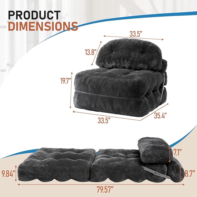 Folding Sofa Bed, Convertible Sleeper Chair with Back Support and Pillow Futon,Boneless Foldable Couch for Living Room/Guest Use/Home Office, Foldable Chair Bed for Adults, Dark Gray