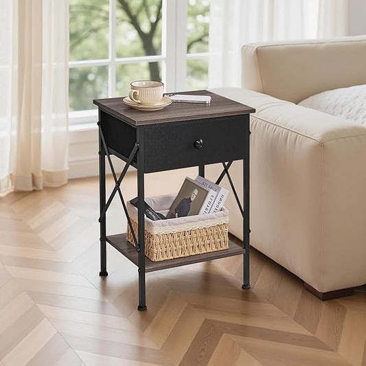 VECELO Nightstand, X-Design End Side Table with Fabric Storage Drawer and Open Shelf, Bedside Night Stand with Steel Frame for Bedroom, Living Room,Dorm, Easy Assembly, Gray