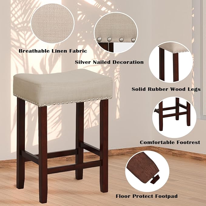 ERGOMASTER Bar Stools, 24 Inch Modern Saddle Stools, Rubber Wood, Khaki/Brown, Set of 2