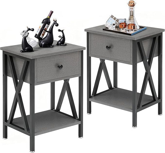 VECELO Night Stand Set of 2, End Tables with Drawer, 2-Tier Bedside Tables with X Shaped, Side Table Stand with Storage Shelf for Living Room/Bedroom,Dark Gray