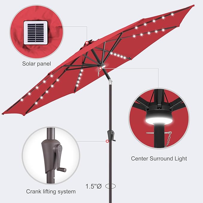 10ft Solar Umbrella Outdoor - Lighted Solar Patio Umbrella with 40 LED Lights Waterprool UV Protection, Table Umbrella with Tilt for Pool, Porch, Garden, Deck, Backyard (Red)