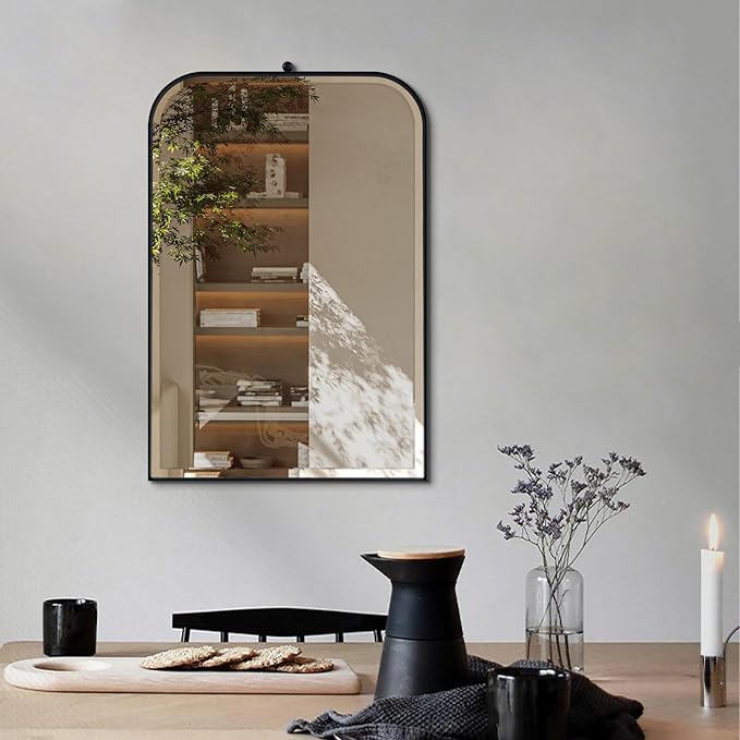 POZINO Beveled Oblong Mirror, 20"x30" Rectangle Rounded Mirror for Over Sink, Modern Black Bathroom Mirrors with Stainless Steel Frame, Vanity Wall Mirrors for Bedroom Living Room Entryway Fireplace