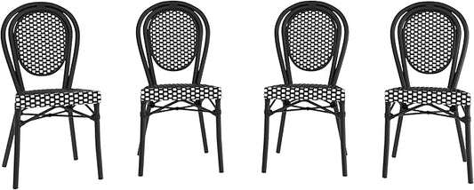 Flash Furniture Lourdes Indoor/Outdoor Commercial Thonet Bistro Stack Chair - Black/White PE Rattan Back and Seat - Black Metal Frame - Set of 4