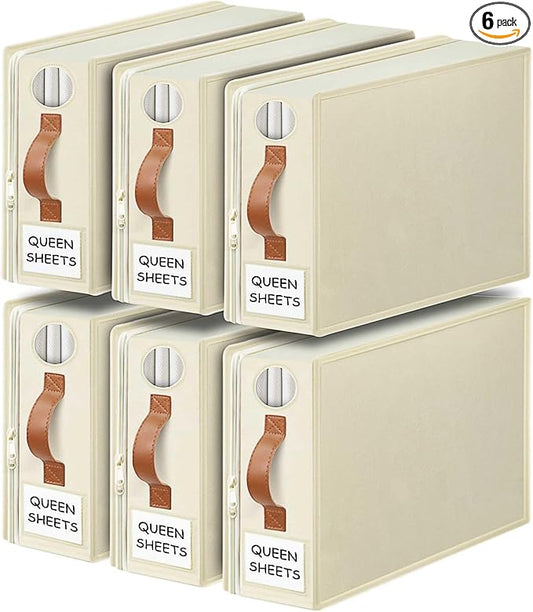 GhvyenntteS 6 Pack Sheet Organizers and Storage, Foldable Bed Sheet Organizers and Storage with Zipper, Handle, Window and Label (Queen & King Size)