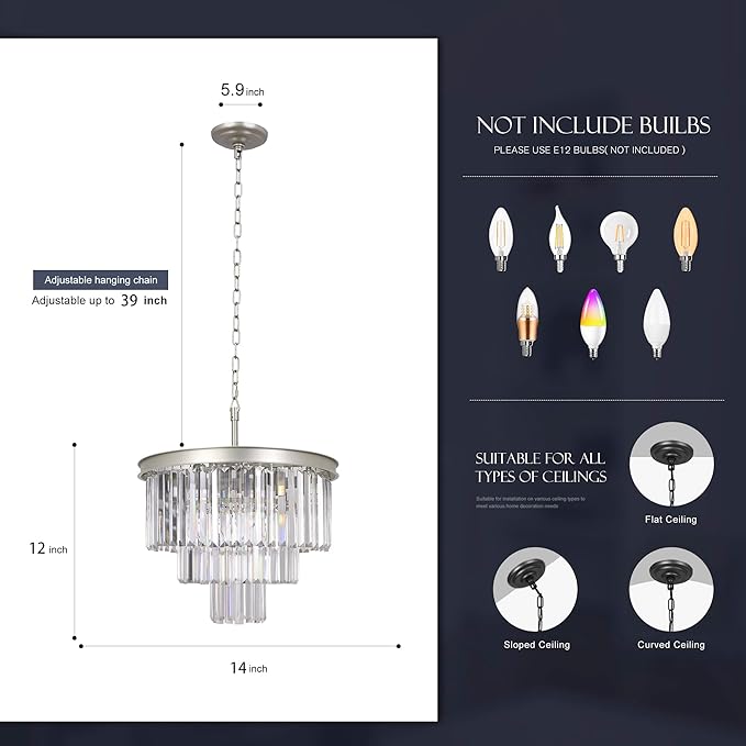 Crystal Nickel Modern Chandeliers Lights Vintage Pendant Ceiling Light Traditional Chandelier Lighting Fixture 3-Tier for Dining Room Living Room Kitchen Island Bedroom Entryway