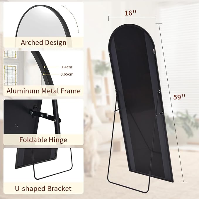 59"x16" Arched Mirror Full Length, Standing Floor Mirror, Wall Mounted Mirror with Aluminum Frame - for Standing, Leaning or Hanging, for Living Room Dressing Room, Black