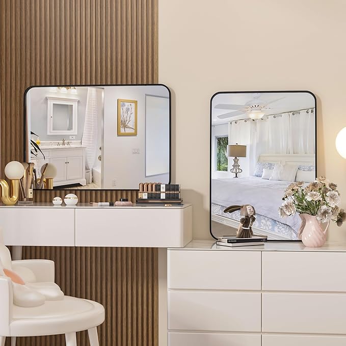 Manocorro Bathroom Mirror for Wall, 20 x 28 Inch Black Rectangular Mirror with Aluminum Alloy Frame, Rounded Corner Hanging Mirror Decor for Entryway, Bedroom, Living Room