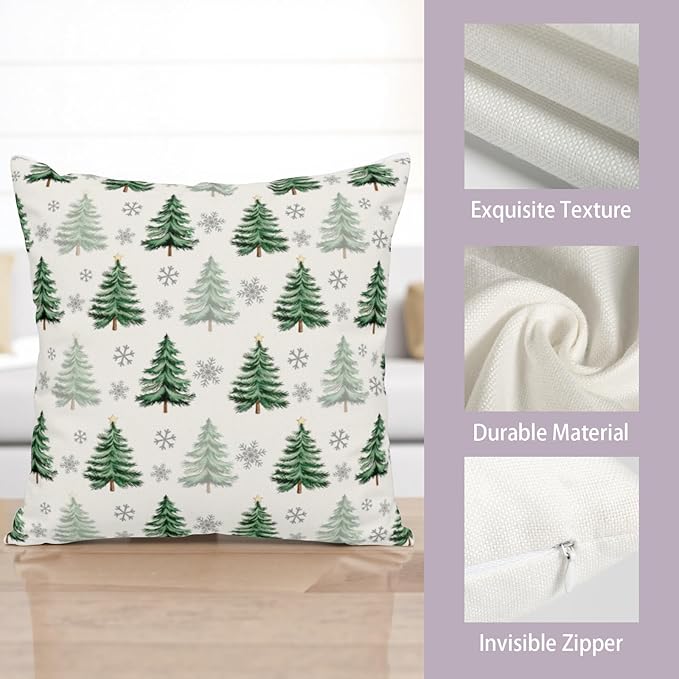 Christmas Tree Pillow Covers 22x22 Set of 2 Green Xmas Outdoor Decorative Throw Pillow Cases Neutral Rustic Nature Forest Winter Snowflake Pillowcases for Farmhouse Living Room Decor
