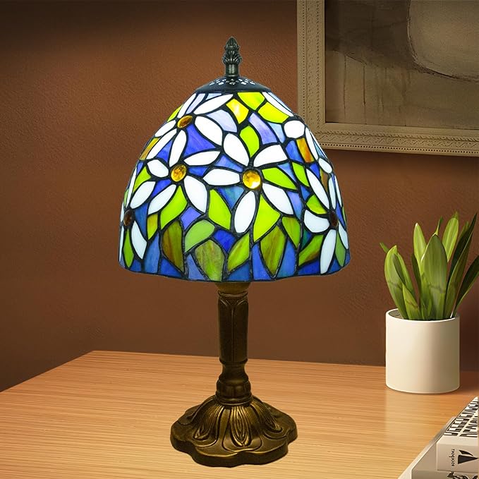 Crefotu Tiffany Style Table Lamp, 3 Color Temperatures Bedside Lamp, 8 Inch Stained Glass Desk Light for Home Office Bedroom Living Room (White Petal Pattern)