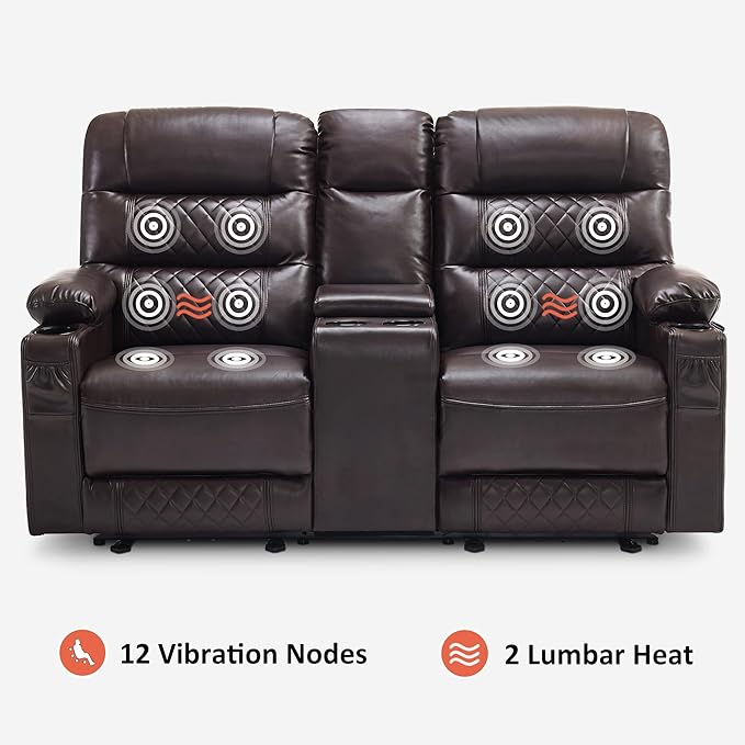 MCombo Zero Gravity Power Loveseat Recliner with Console, Heat and Vibration Massage, Reclining Loveseat Sofa with USB Ports, Cup Holders for Living Room, Faux Leather PR622Sets (Dark Brown)