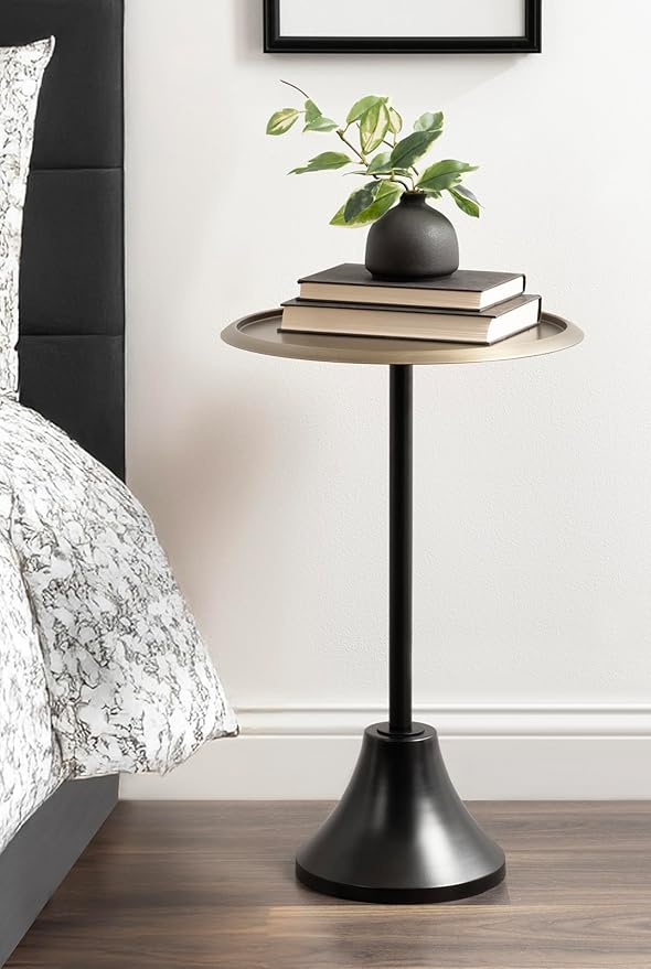 Kate and Laurel Sanzo Modern Pedestal Round Side Table, 15 x 15 x 24, Antique Brass and Black, Circle End Table with Metal Tabletop for Use as Indoor Plant Stand or Bedroom Nightstand