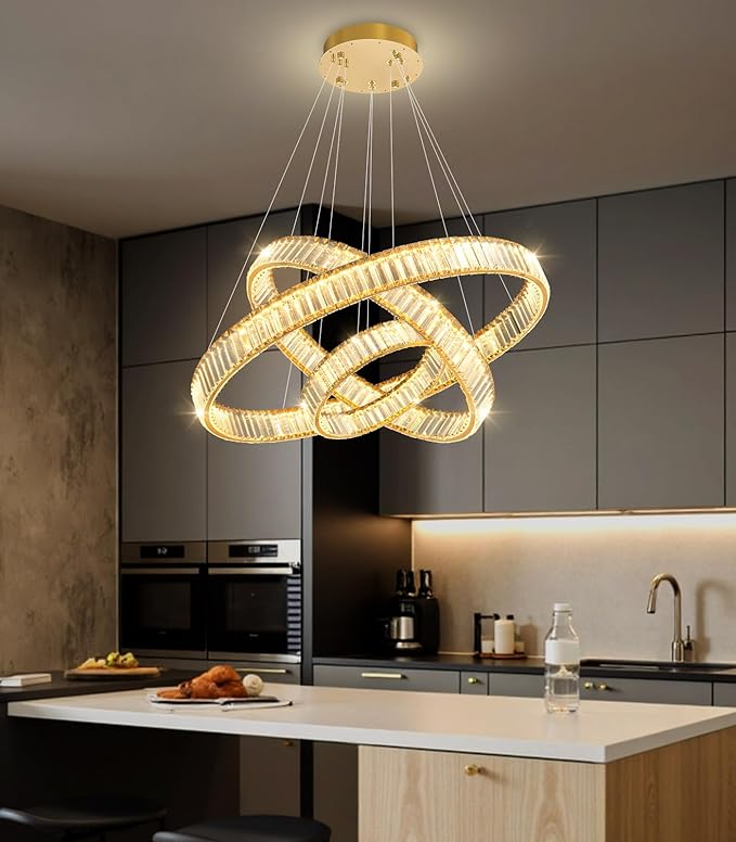8''+16''+24'' Modern Ring Chandelier Crystal Chandeliers for Dining Room Round LED Dimmable Ceiling Light Fixture for Living Room Bedroom Lighting Gold