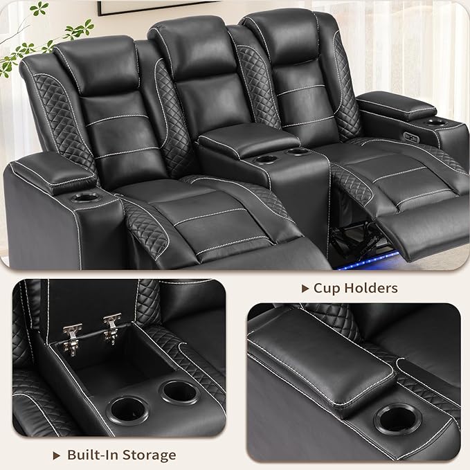 ANJ Power Reclining Loveseat with Center Console, 2-Seater Electric Recliner Sofa with LED Lights & USB & Storage, Faux Leather Living Room Furniture for Home Theater, Small Spaces & RV (Black)