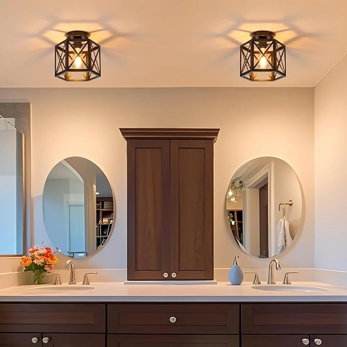 2 Pack Farmhouse Semi Flush Mount Ceiling Light, Industrial Black Hallway Light Fixture, Small Metal Cage Close to Ceiling Lights for Kitchen Sink Porch Bedroom