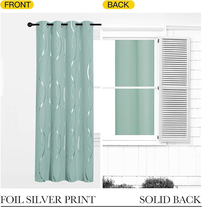 NICETOWN Aqua Blue Foil Print Curtains 90 inch Long for Patio, Wave Silver Line Pattern Drapes Contemporary Style for Elegant Home Decoration, W52 x L90 inch, 2 Panels