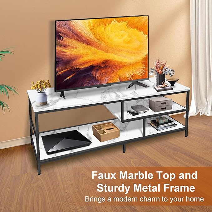 AT-VALY TV Stand for 55-75 inch TVs, Metal&MDF TV Stand with 3-Tier Storage Shelves for Living Room, Entertainment Center with Storage Cabinets (Black)