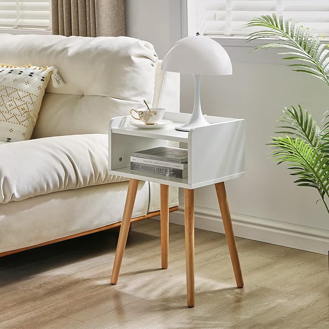 IBUYKE Nightstand, Mid-Century Modern Bedside Table with Solid Wood Legs, Minimalist and Practical End Side Table with Open Storage Shelf, Easy Assembly, White UWNS003W