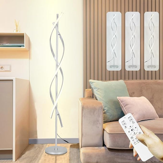 Tall Modern Floor Light Lamp for Living Room,Dimmable Spiral Corner Bedside Lamp with Rmoete for Bedroom,LED 3 Color Floor Lamp with Foot Switch for Dining Room(Silver)